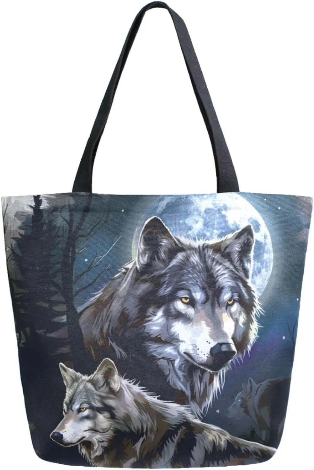 Fashion Extra Large Shoulder Grocery Tote Bag, Big Moon Night Wolves Illustration Canvas Daily Handle Bag for Gym Yoga Weekender Beach Travel Picnic Kitchen Reusable Market Shopping