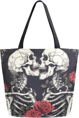 Fashion Extra Large Shoulder Grocery Tote Bag, Couple Skeleton Red Flowers Canvas Daily Handle Bag for Gym Yoga Weekender Beach Travel Picnic Kitchen Reusable Market Shopping