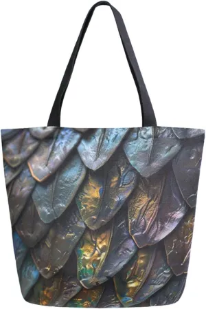 Fashion Extra Large Shoulder Grocery Tote Bag, Magic Realistic Dragon Skin Canvas Daily Handle Bag for Gym Yoga Weekender Beach Travel Picnic Kitchen Reusable Market Shopping