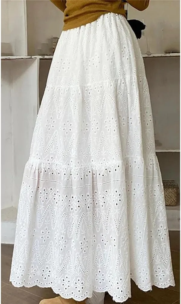 Fashion Hollow Out White Long Skirts for Women Summer High Waist A Line Skirt Pleated Midi Skirts