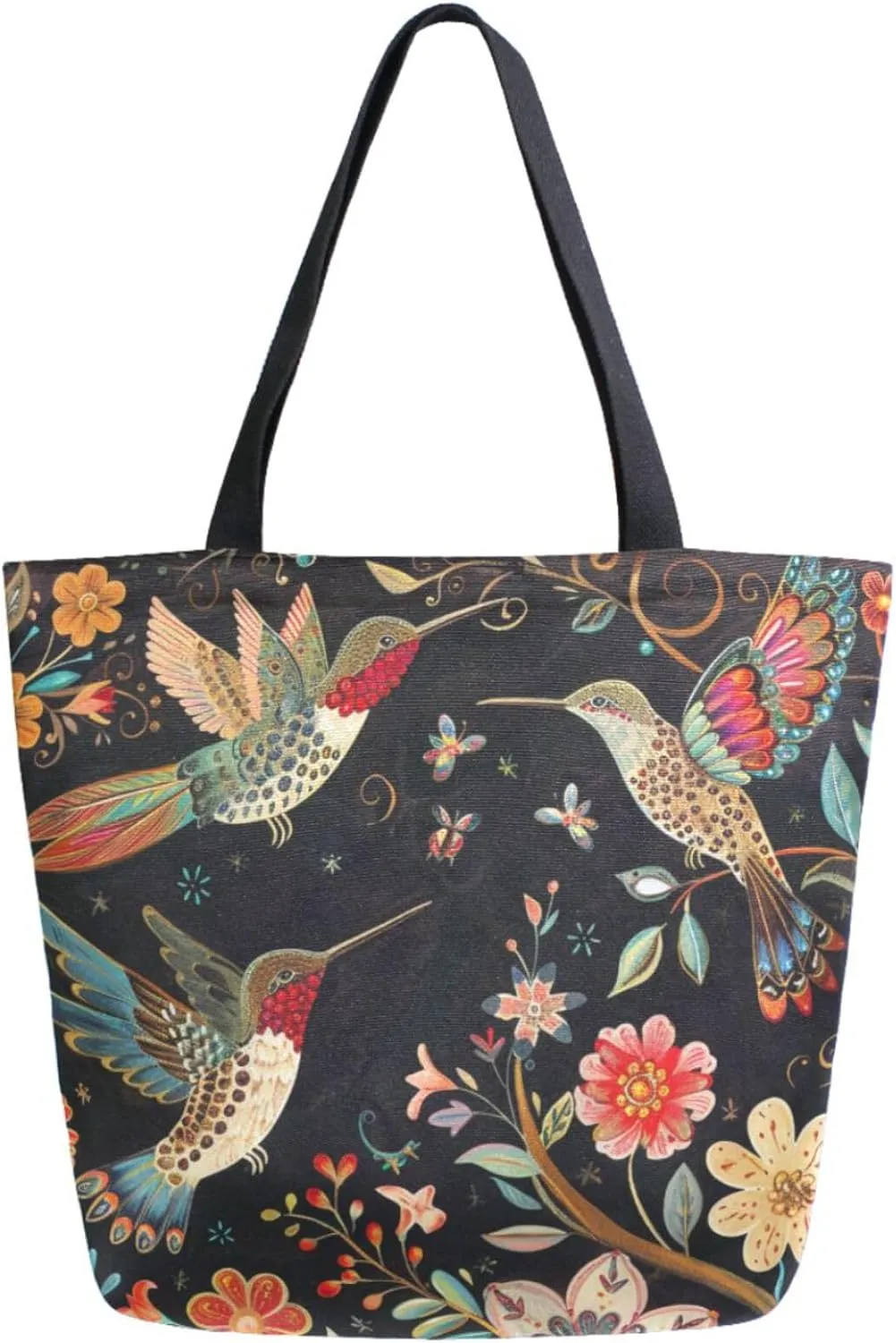 Fashion Pattern Extra Large Shoulder Grocery Tote Bag, Retro Hummingbirds Butterfly Flowers Canvas Daily Handle Bag for Gym Weekender Beach Travel Kitchen Reusable Market Shopping