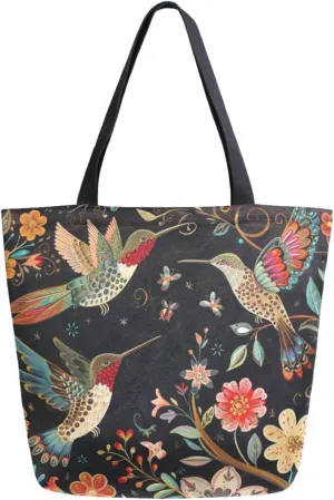 Fashion Pattern Extra Large Shoulder Grocery Tote Bag, Retro Hummingbirds Butterfly Flowers Canvas Daily Handle Bag for Gym Weekender Beach Travel Kitchen Reusable Market Shopping