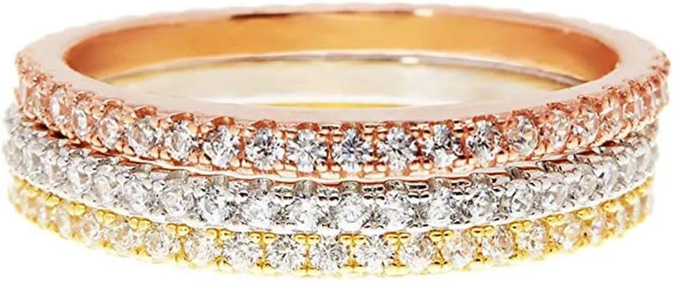 FashionGold Plated Solid 925 Silver CZ Ring for Women, Stackable Engagement Ring Anniversary Wedding Bands
