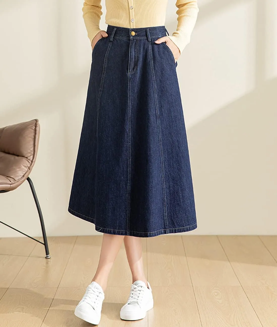 Femiserah Women's High Waist Pleated Midi Denim Skirt
