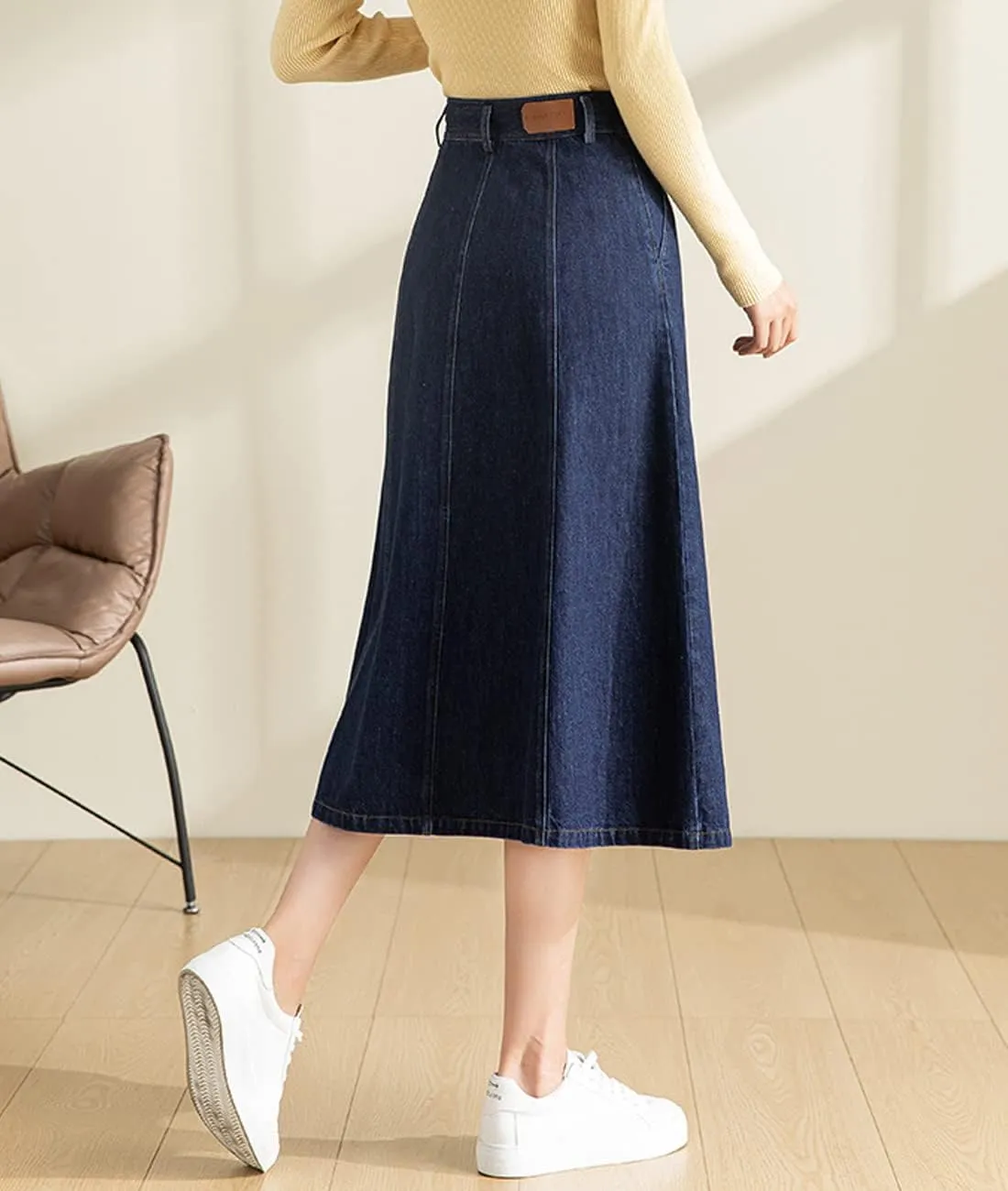 Femiserah Women's High Waist Pleated Midi Denim Skirt