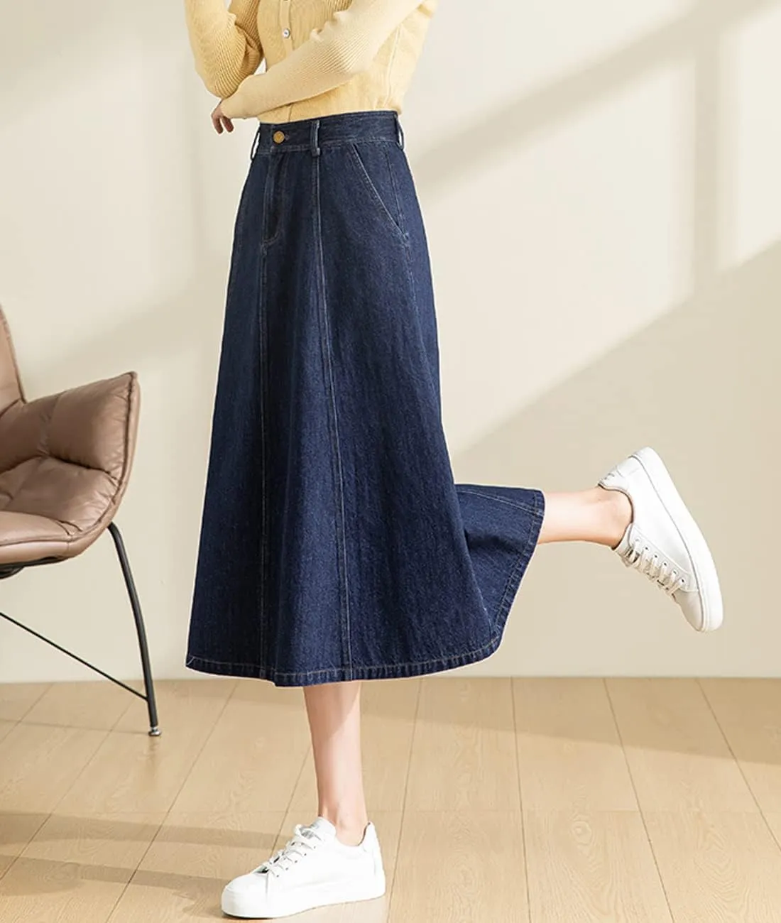 Femiserah Women's High Waist Pleated Midi Denim Skirt