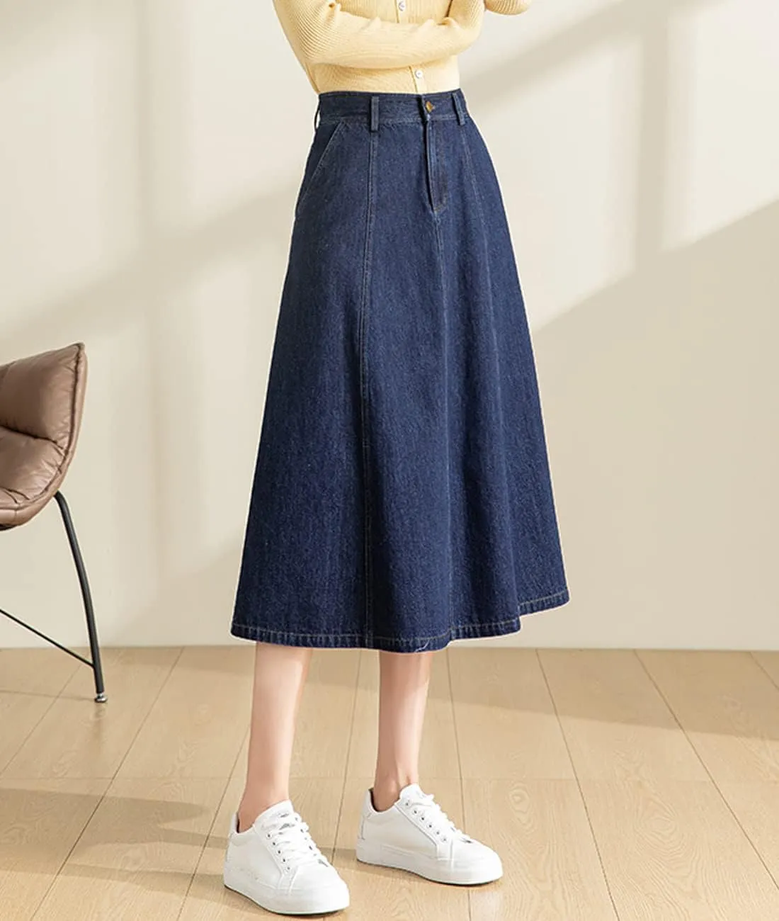 Femiserah Women's High Waist Pleated Midi Denim Skirt