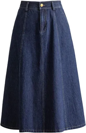 Femiserah Women's High Waist Pleated Midi Denim Skirt