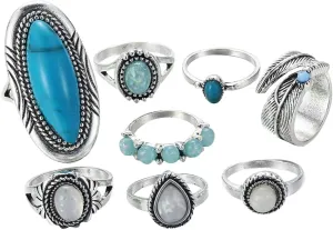 Finger Rings Set 8pcs Vintage Knuckle Rings in Turquoise for Occasions
