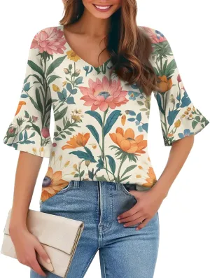Five-Pointed Sleeve T-Shirts for Women Floral Print Lightweight Going Out Tops 2025 Casual Loose Summer Tees Blouses