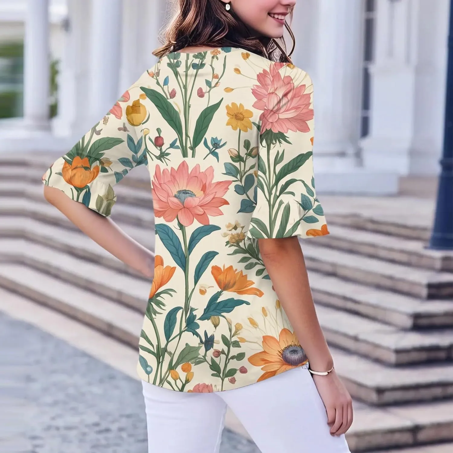 Five-Pointed Sleeve T-Shirts for Women Floral Print Lightweight Going Out Tops 2025 Casual Loose Summer Tees Blouses