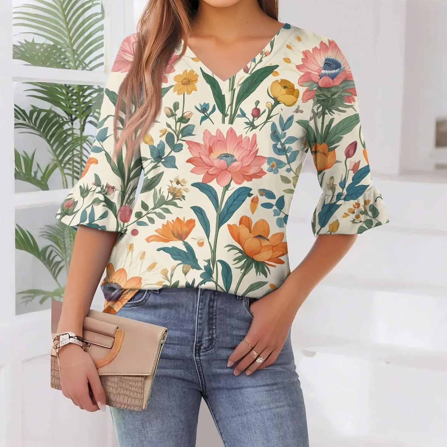 Five-Pointed Sleeve T-Shirts for Women Floral Print Lightweight Going Out Tops 2025 Casual Loose Summer Tees Blouses