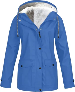 Fleece Lined Raincoat for Women Waterproof Lightweight Zip Up Hooded Jacket Winter Rain Jackets Outdoor Windbreaker