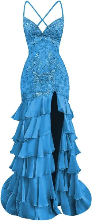 Floral Mermaid Prom Dresses with Slit Ruffle 2025 Sparkly Long Chiffon Backless V-Neck Formal Evening Gown