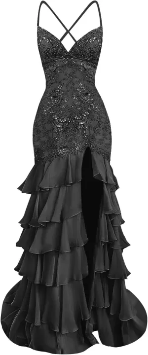 Floral Mermaid Prom Dresses with Slit Ruffle 2025 Sparkly Long Chiffon Backless V-Neck Formal Evening Gown