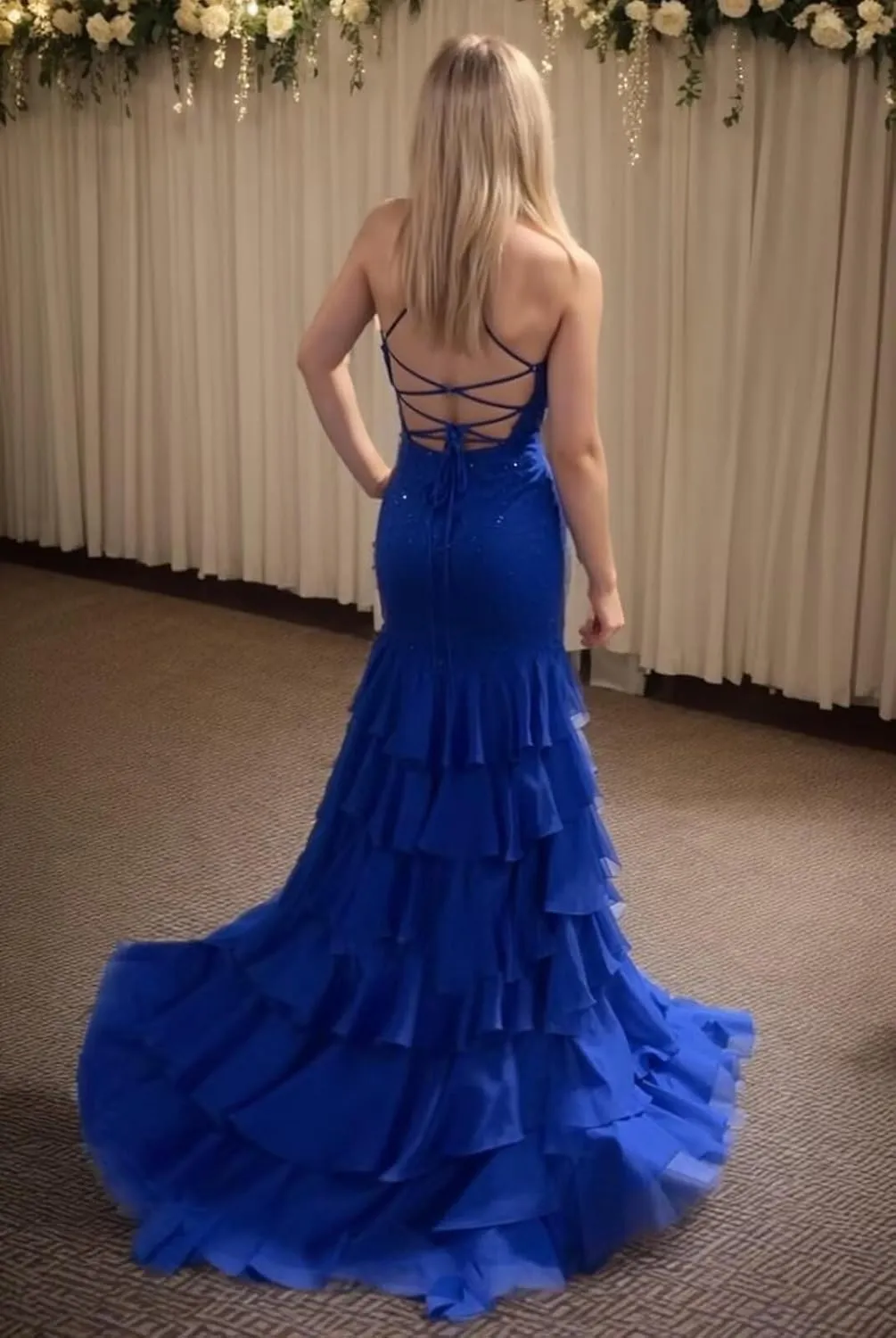 Floral Mermaid Prom Dresses with Slit Ruffle 2025 Sparkly Long Chiffon Backless V-Neck Formal Evening Gown