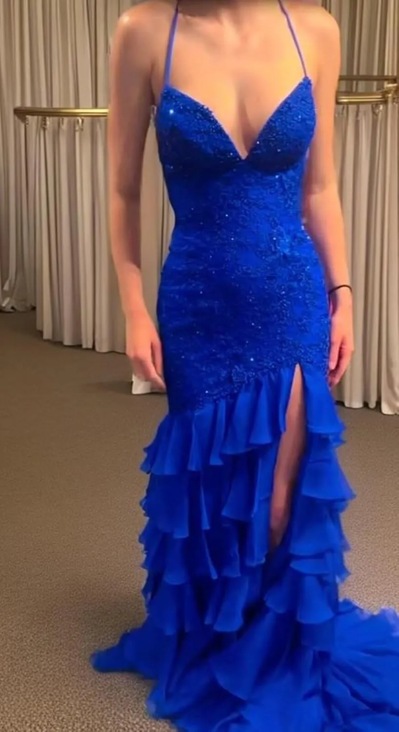 Floral Mermaid Prom Dresses with Slit Ruffle 2025 Sparkly Long Chiffon Backless V-Neck Formal Evening Gown