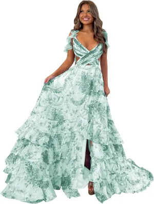 Floral Printed Chiffon Prom Dresses with Slit Tiered Long Criss-Cross Party Gowns Evening Formal