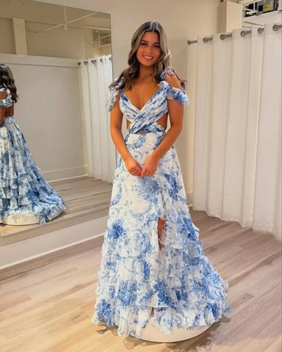 Floral Printed Chiffon Prom Dresses with Slit Tiered Long Criss-Cross Party Gowns Evening Formal