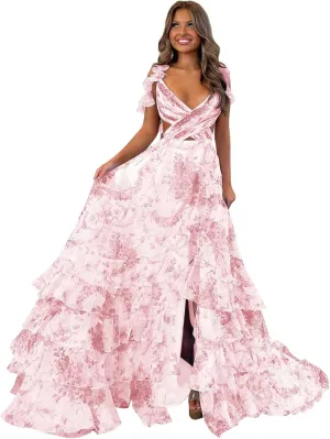 Floral Printed Chiffon Prom Dresses with Slit Tiered Long Criss-Cross Party Gowns Evening Formal