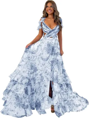 Floral Printed Chiffon Prom Dresses with Slit Tiered Long Criss-Cross Party Gowns Evening Formal