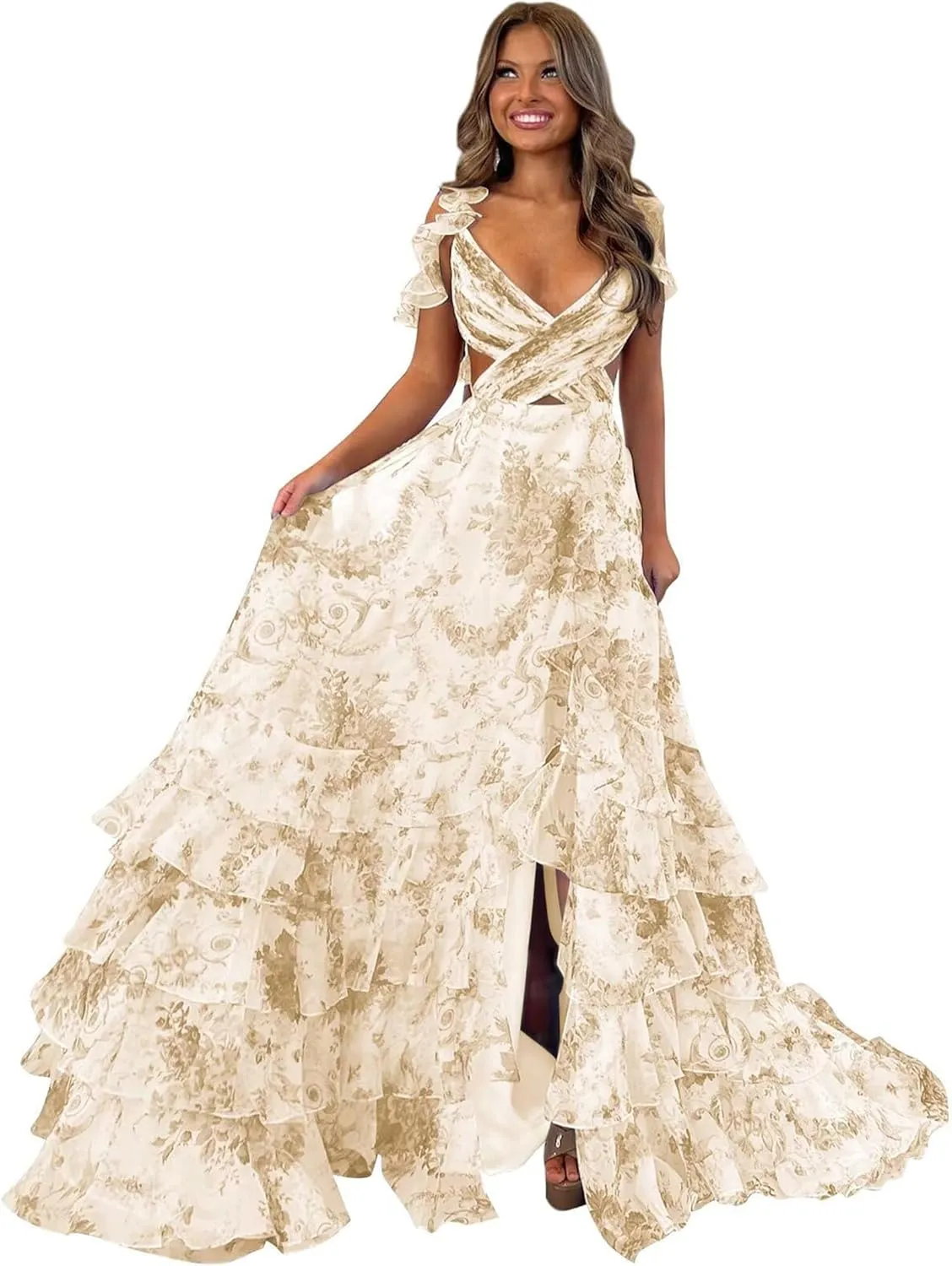 Floral Printed Chiffon Prom Dresses with Slit Tiered Long Criss-Cross Party Gowns Evening Formal