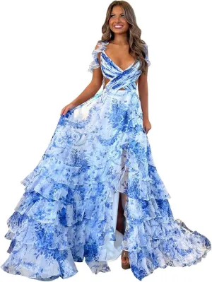Floral Printed Chiffon Prom Dresses with Slit Tiered Long Criss-Cross Party Gowns Evening Formal