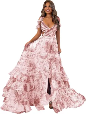 Floral Printed Chiffon Prom Dresses with Slit Tiered Long Criss-Cross Party Gowns Evening Formal