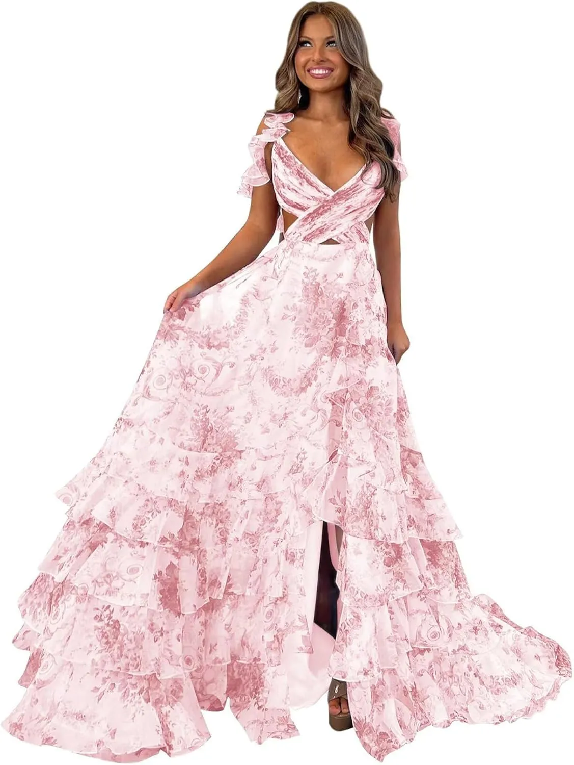 Floral Printed Chiffon Prom Dresses with Slit Tiered Long Criss-Cross Party Gowns Evening Formal