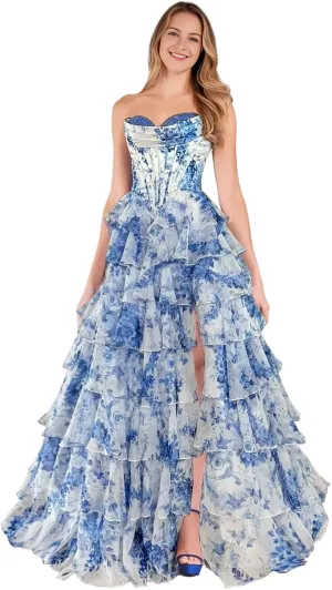 Floral Prom Dress Long Ruffle Ball Gown Tiered Chiffon Strapless Corset Sweetheart Formal Evening Gowns