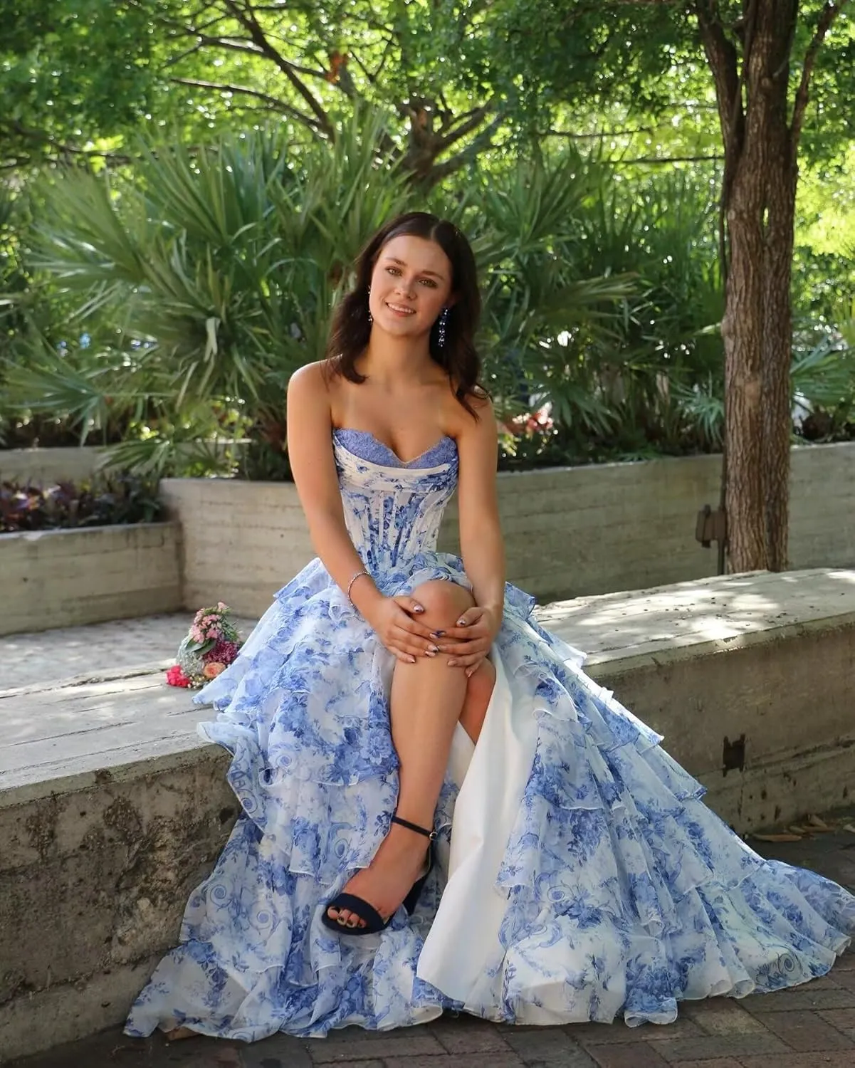 Floral Prom Dress Long Ruffle Ball Gown Tiered Chiffon Strapless Corset Sweetheart Formal Evening Gowns