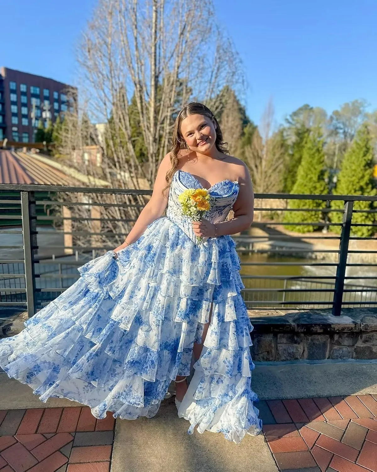 Floral Prom Dress Long Ruffle Ball Gown Tiered Chiffon Strapless Corset Sweetheart Formal Evening Gowns