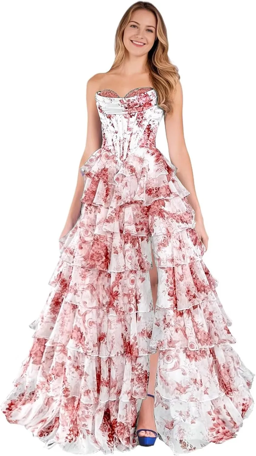Floral Prom Dress Long Ruffle Ball Gown Tiered Chiffon Strapless Corset Sweetheart Formal Evening Gowns