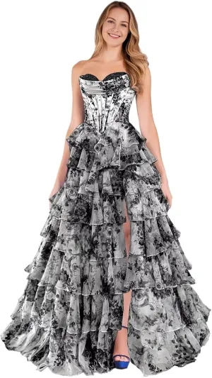 Floral Prom Dress Long Ruffle Ball Gown Tiered Chiffon Strapless Corset Sweetheart Formal Evening Gowns
