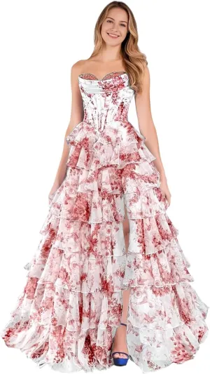 Floral Prom Dress Long Ruffle Ball Gown Tiered Chiffon Strapless Corset Sweetheart Formal Evening Gowns