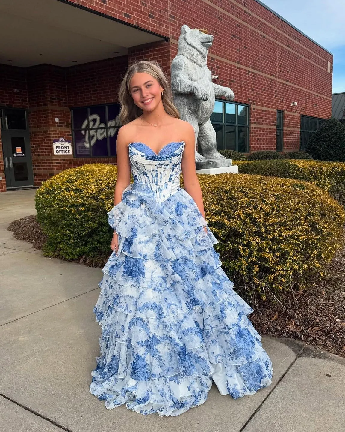 Floral Prom Dress Long Ruffle Ball Gown Tiered Chiffon Strapless Corset Sweetheart Formal Evening Gowns