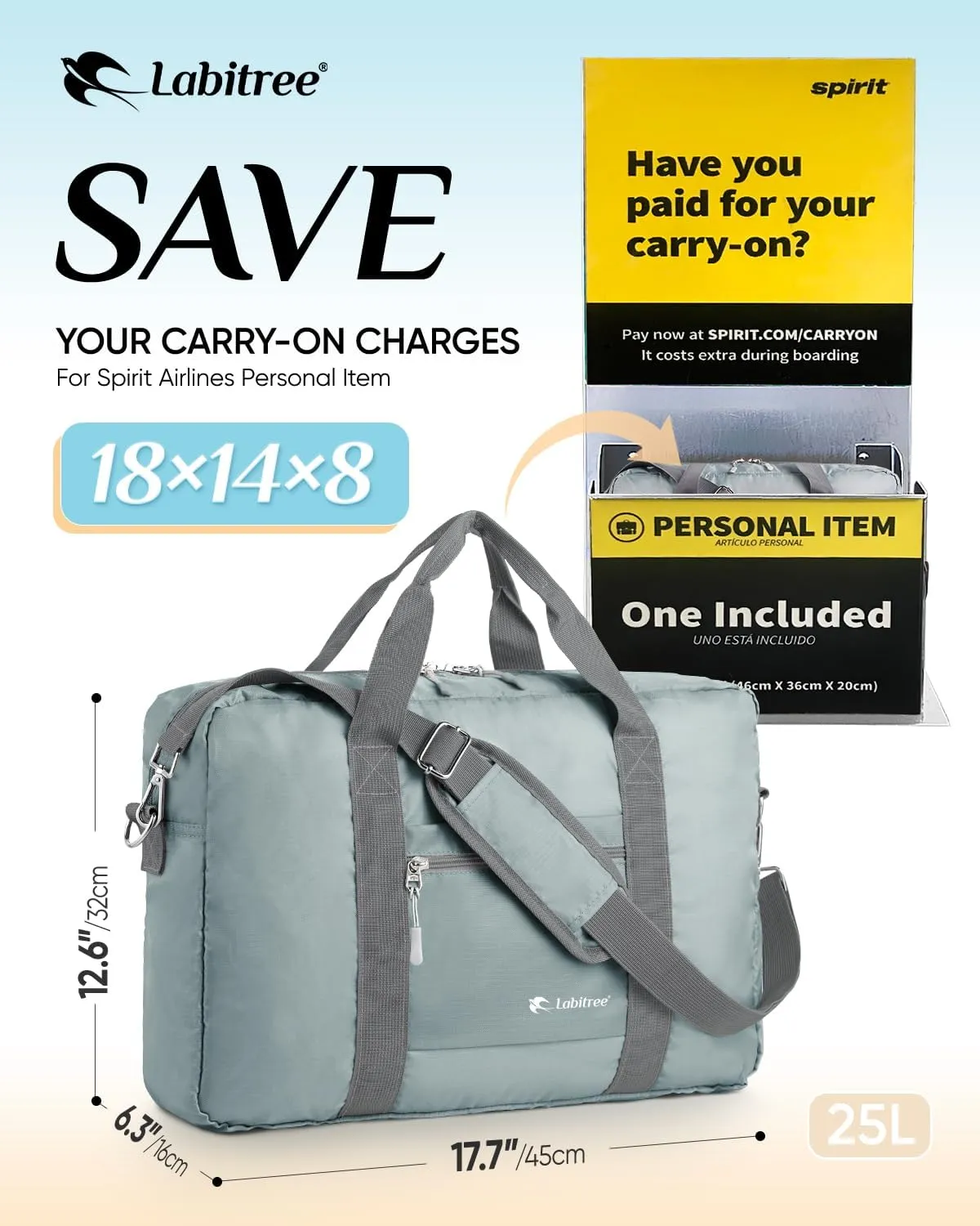For Frontier Airlines Personal Item Travel Bag 18 x 14 x 8 Inches, Foldable Under Seat Duffel Bags for Spirit Airplane 14 x 18 x 8 Inches, Minimalist Overnight Bag for Women or Men Air Travel [Grey]