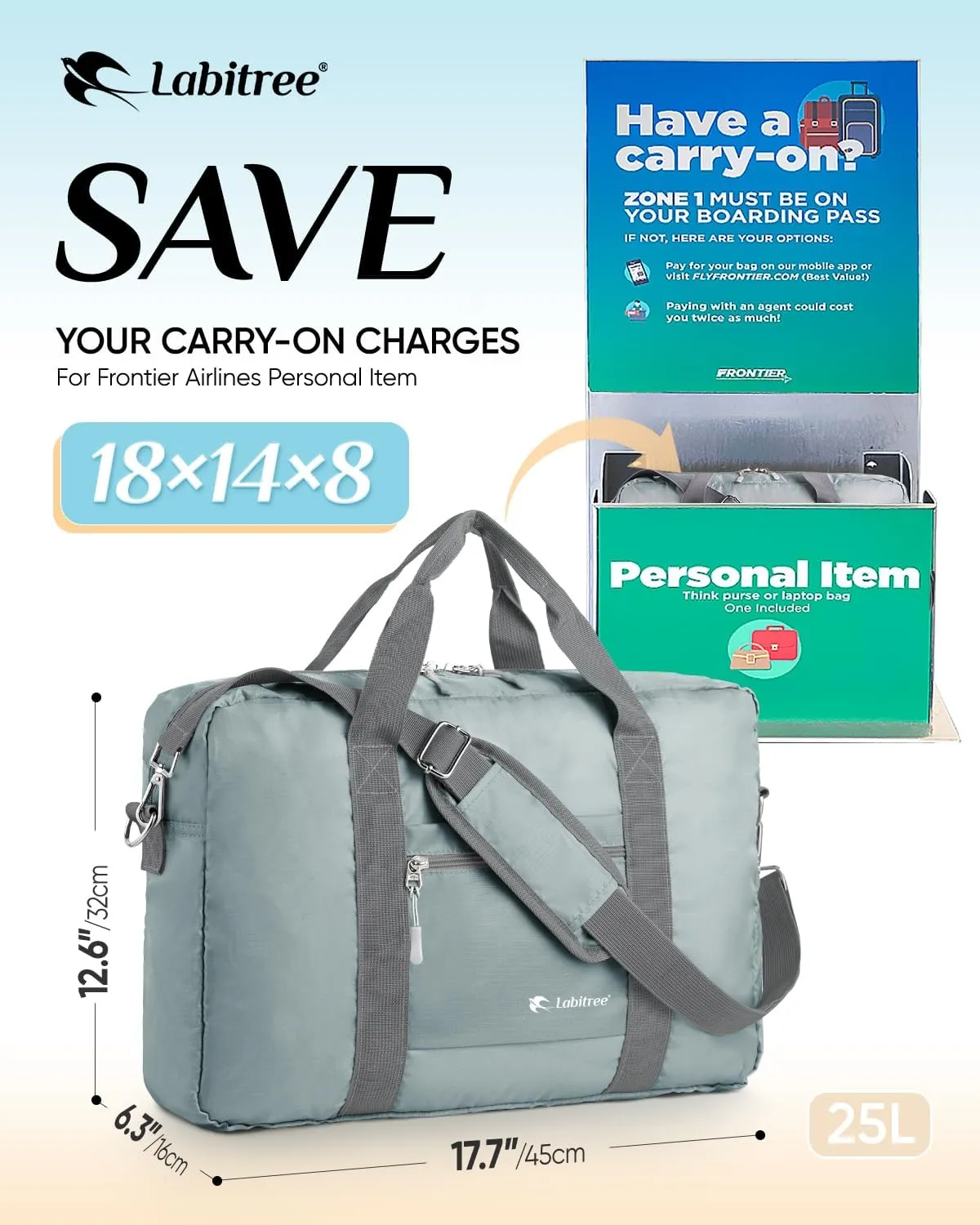 For Frontier Airlines Personal Item Travel Bag 18 x 14 x 8 Inches, Foldable Under Seat Duffel Bags for Spirit Airplane 14 x 18 x 8 Inches, Minimalist Overnight Bag for Women or Men Air Travel [Grey]