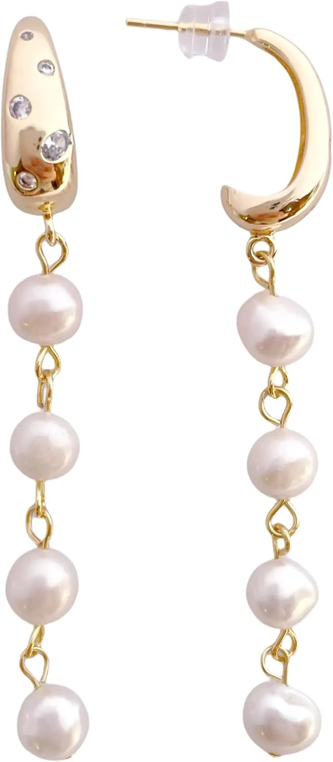 Freshwater Pearl Earrings for women Long Tassel Dangle earrings White Real baroque Pearls Stud Vintage Earrings 14K Gold plated Jewelry wedding birthday Gift