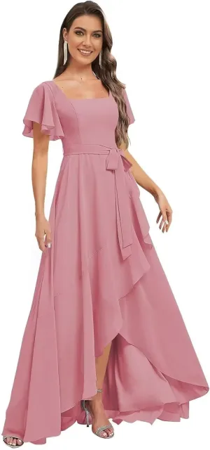 GATMAHE Women's Flutter Sleeves Bridesmaid Dresses for Women Asymmetrical Chiffon Square Neck A Line Formal Dress