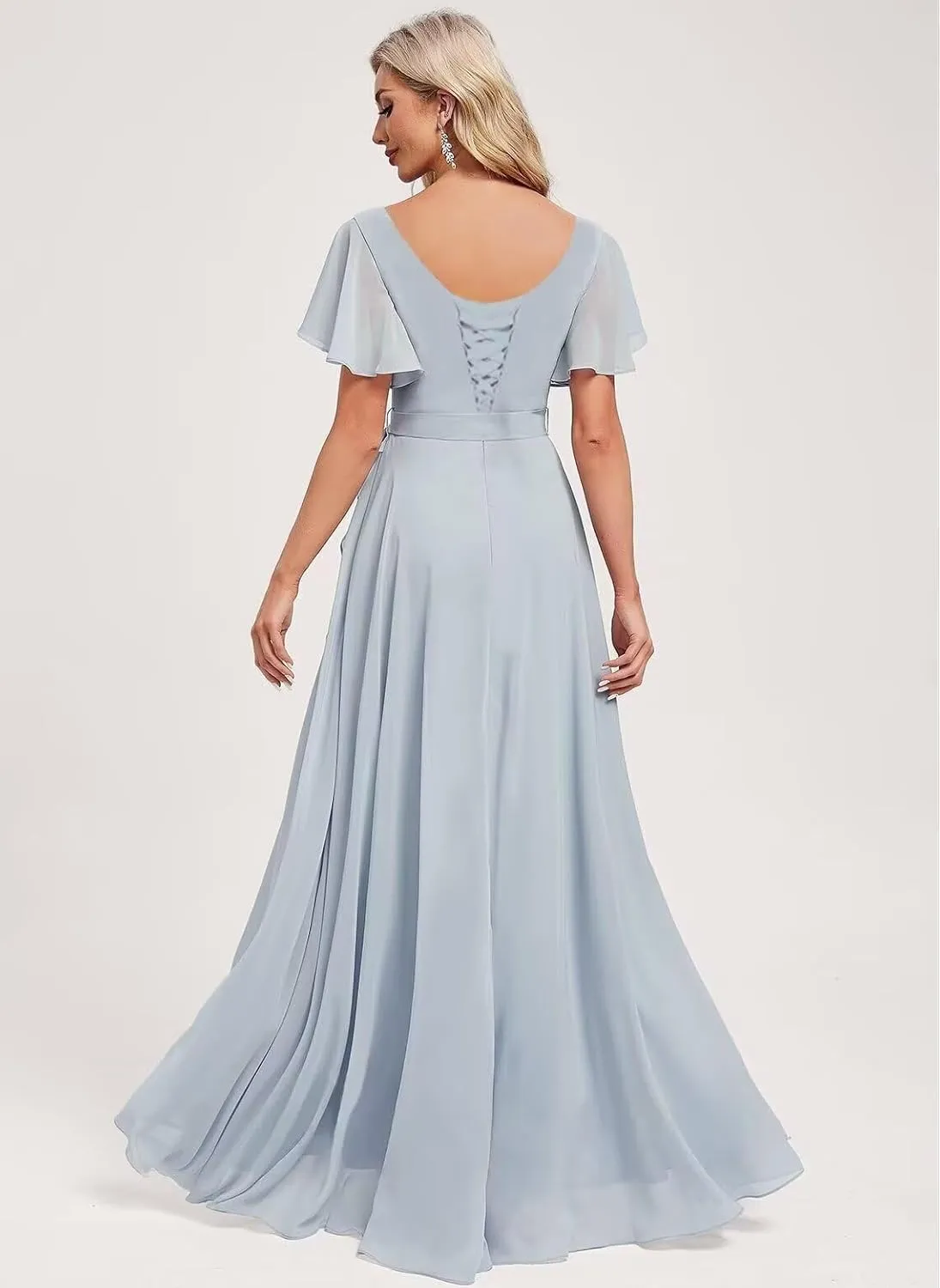 GATMAHE Women's Flutter Sleeves Bridesmaid Dresses for Women Asymmetrical Chiffon Square Neck A Line Formal Dress