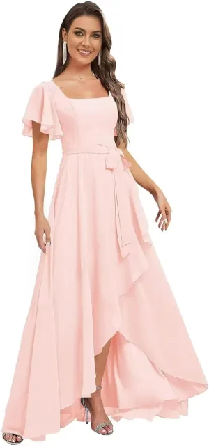 GATMAHE Women's Flutter Sleeves Bridesmaid Dresses for Women Asymmetrical Chiffon Square Neck A Line Formal Dress