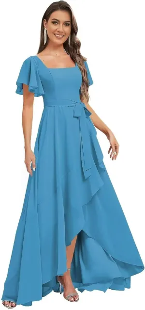 GATMAHE Women's Flutter Sleeves Bridesmaid Dresses for Women Asymmetrical Chiffon Square Neck A Line Formal Dress