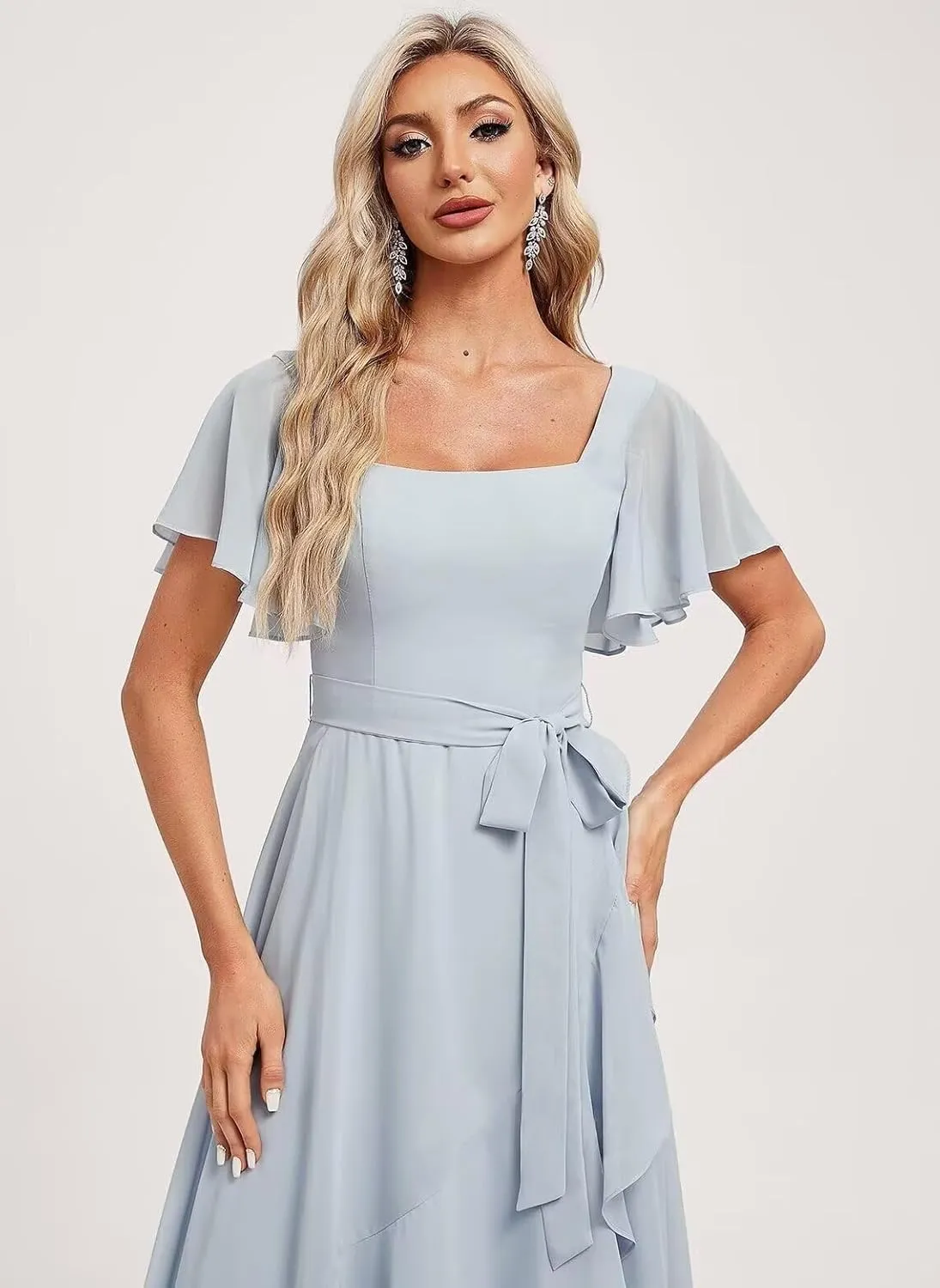 GATMAHE Women's Flutter Sleeves Bridesmaid Dresses for Women Asymmetrical Chiffon Square Neck A Line Formal Dress