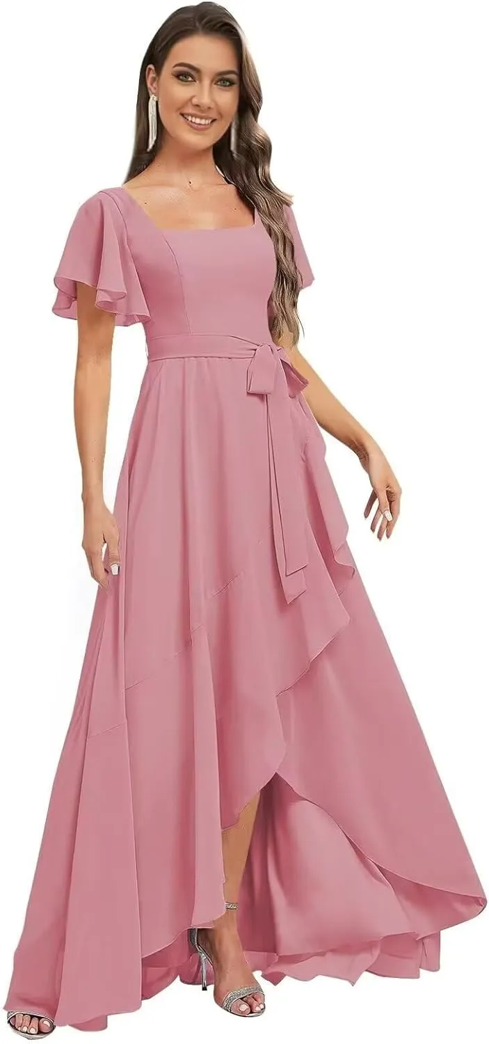 GATMAHE Women's Flutter Sleeves Bridesmaid Dresses for Women Asymmetrical Chiffon Square Neck A Line Formal Dress