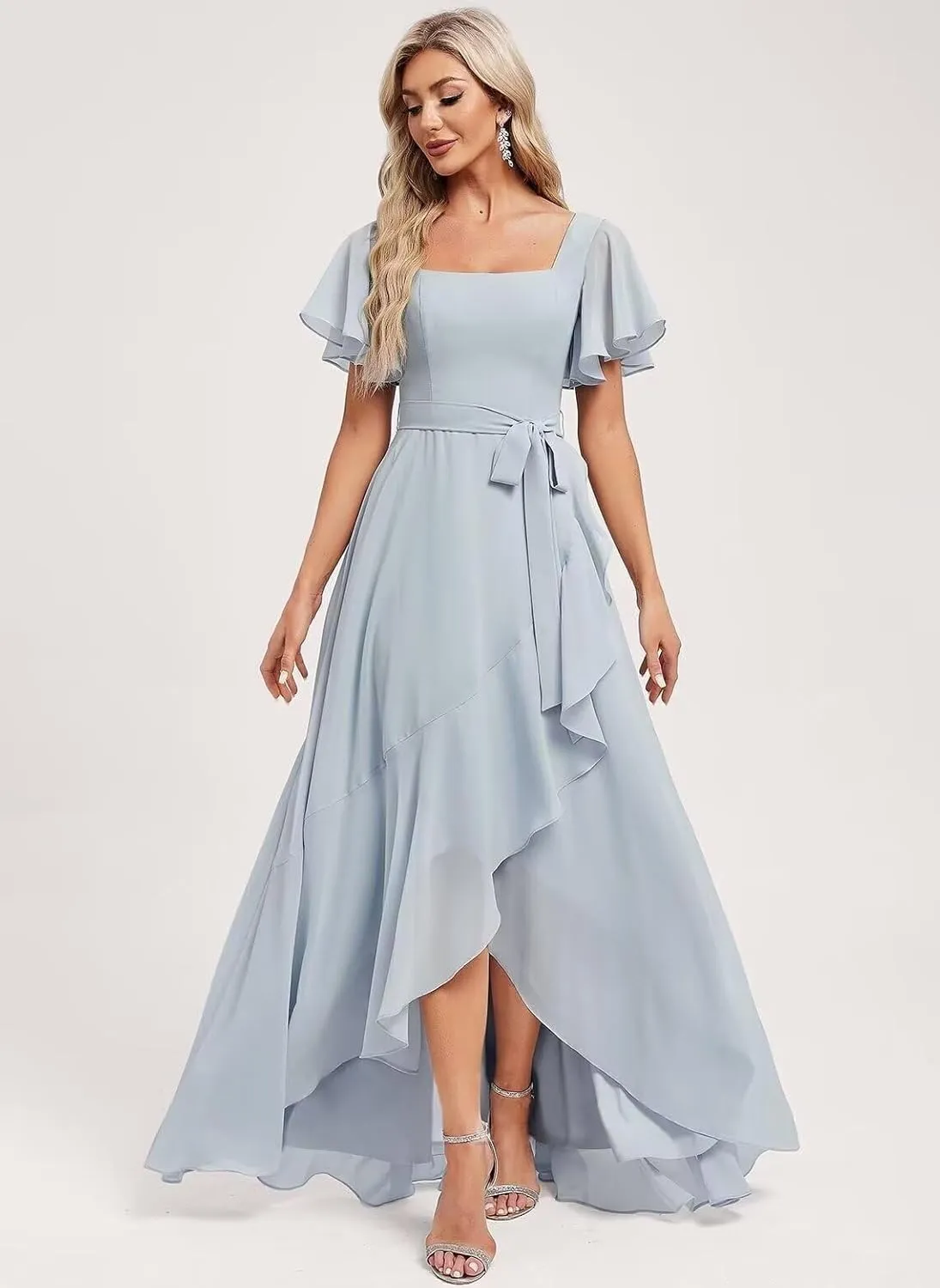GATMAHE Women's Flutter Sleeves Bridesmaid Dresses for Women Asymmetrical Chiffon Square Neck A Line Formal Dress