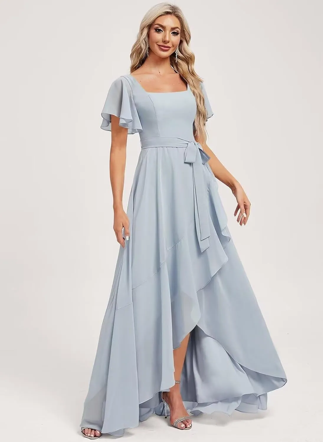 GATMAHE Women's Flutter Sleeves Bridesmaid Dresses for Women Asymmetrical Chiffon Square Neck A Line Formal Dress