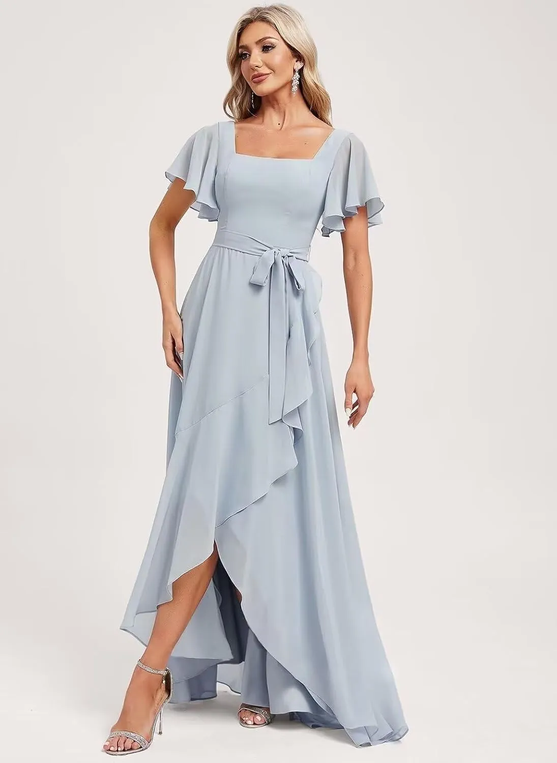 GATMAHE Women's Flutter Sleeves Bridesmaid Dresses for Women Asymmetrical Chiffon Square Neck A Line Formal Dress