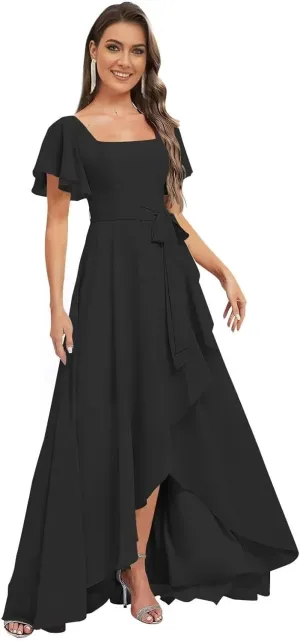 GATMAHE Women's Flutter Sleeves Bridesmaid Dresses for Women Asymmetrical Chiffon Square Neck A Line Formal Dress