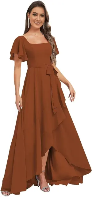 GATMAHE Women's Flutter Sleeves Bridesmaid Dresses for Women Asymmetrical Chiffon Square Neck A Line Formal Dress